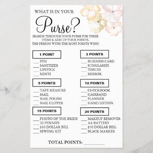 Leafs What is in your purse Shower game card Flyer