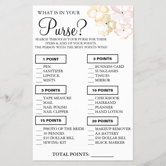Leafs What is in your purse Shower game card Flyer (Front)