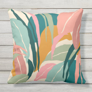Leafy Abstract in Teal, Sage, Rose and Gold Outdoor Pillow