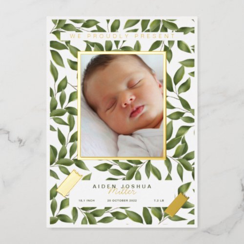 Leafy and foil birth announcement