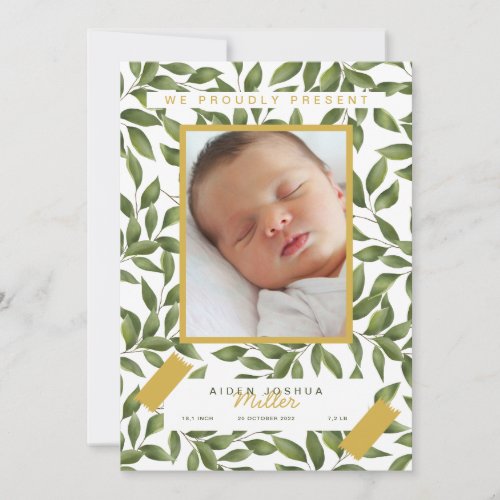 Leafy and golden photo birth announcement