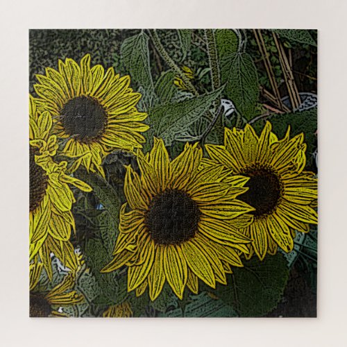 leafy background with large yellow sun flowers jigsaw puzzle