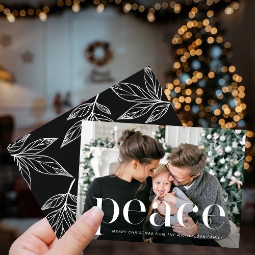 Leafy Black Print Peace Photo Christmas Holiday Invitation