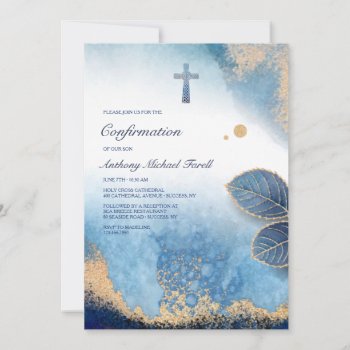 Leafy Blue Frame Religious Invitation by CottonLamb at Zazzle
