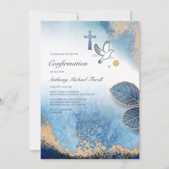 Leafy Blue Frame Religious Invitation 2 (Front)
