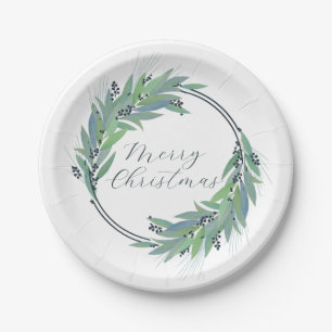 Leafy Blue wreath custom Christmas/holiday Paper Plates