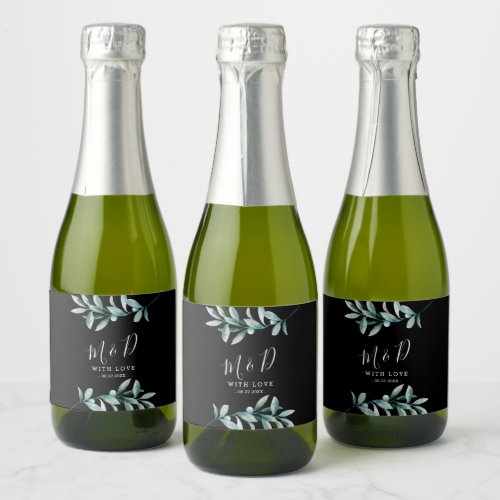 Leafy Botanical Black Wedding Sparkling Wine Label