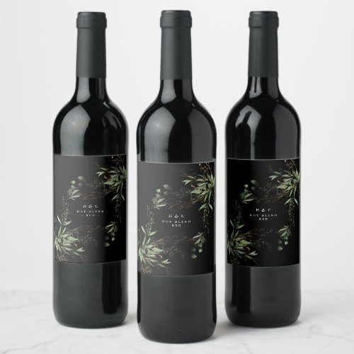 Leafy Botanical Eucalyptus Modern Black Branch Wine Label