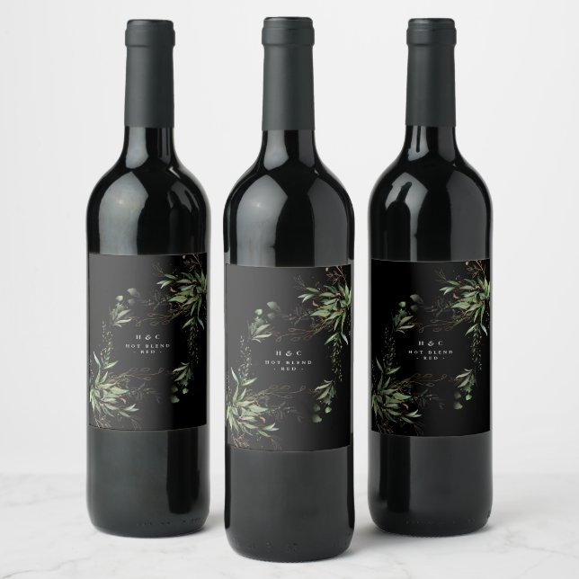 Leafy Botanical Eucalyptus Modern Black Branch Wine Label (Bottles)