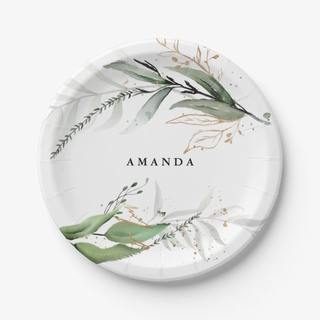 Leafy Botanical Eucalyptus Modern Greenery Branch Paper Plates (Front)