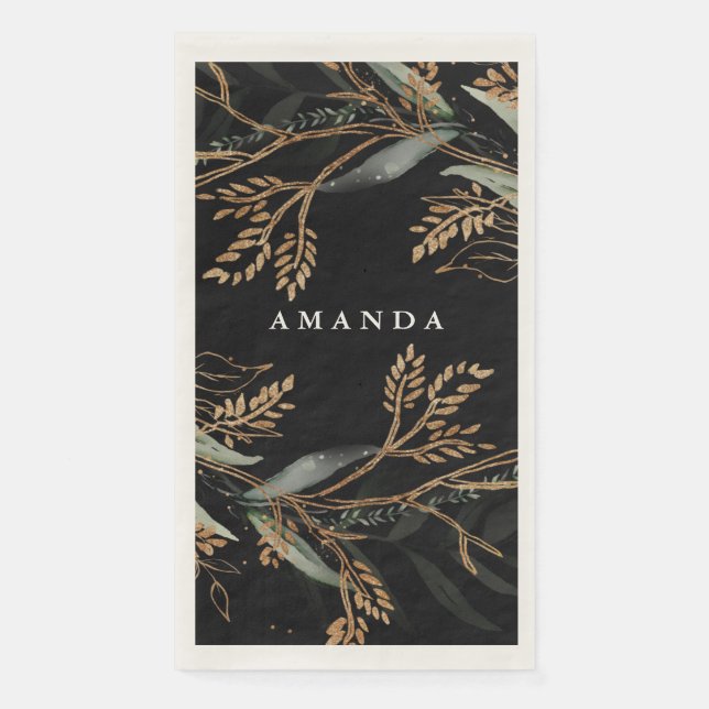 Leafy Botanical Eucalyptus Modern Onyx Branch Paper Guest Towels (Front)