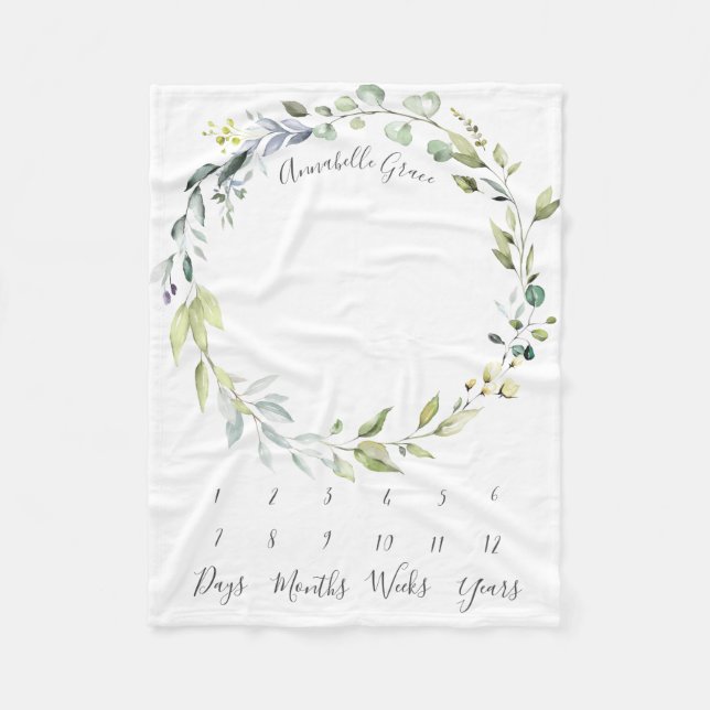 Leafy Botanical Wreath Monthly Baby Milestone Fleece Blanket (Front)