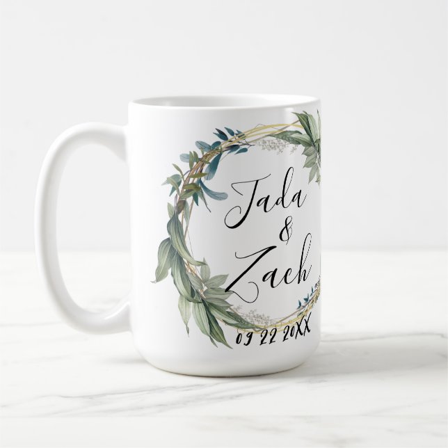  Leafy Botanical Wreath Wedding Personalized  Coffee Mug (Left)