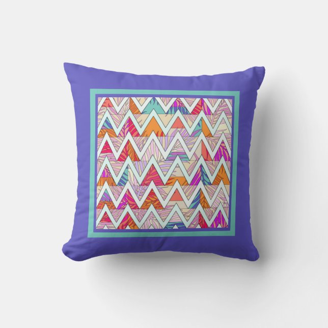 Leafy Chevron on Periwinkle/Mint Throw Pillow (Front)