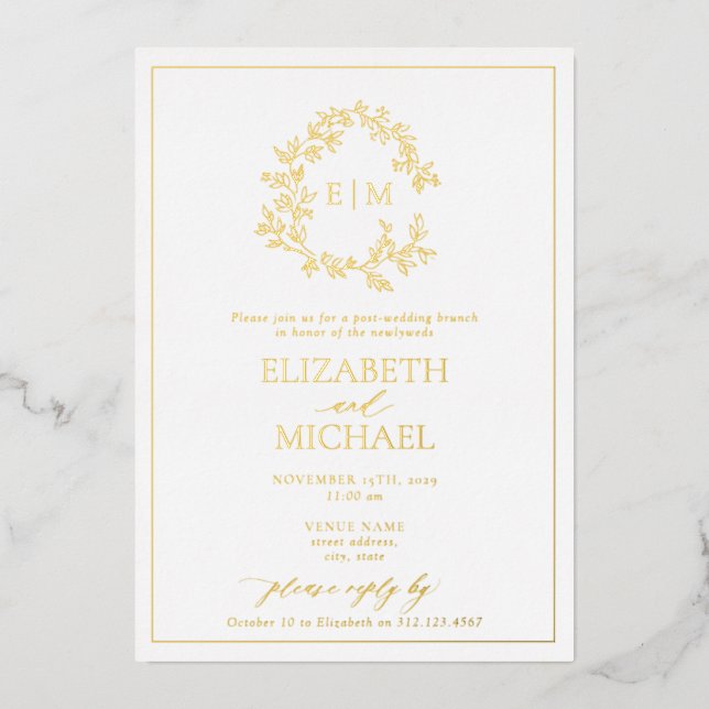 Leafy Crest Monogram Post Wedding Brunch Foil Invitation (Front)