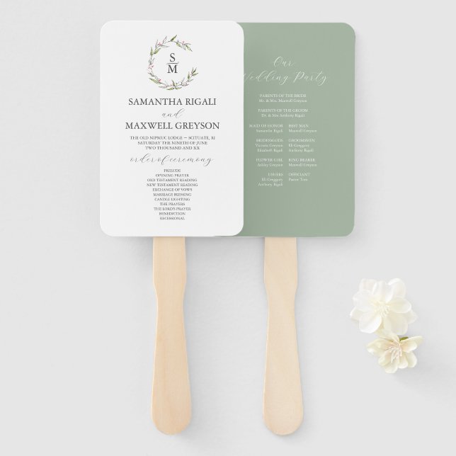 Leafy Crest Monogram Sage Green Wedding Program Hand Fan (Front and Back)