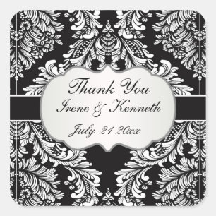 Leafy Damask white on black Wedding favor Square Sticker