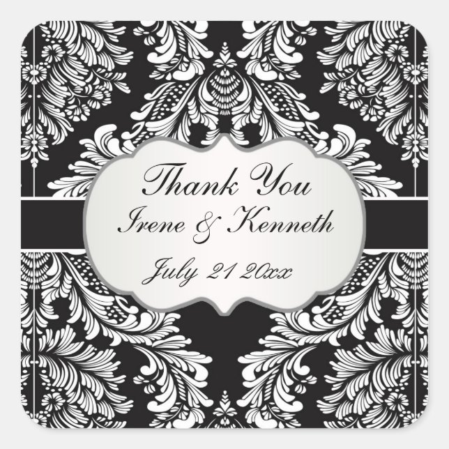 Leafy Damask white on black Wedding favor Square Sticker (Front)