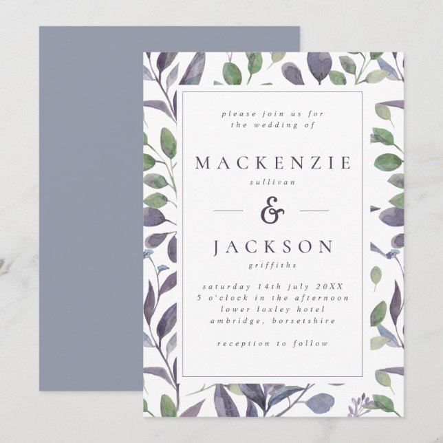 Leafy Elegance Blue & Green Watercolor Wedding Invitation (Front/Back)