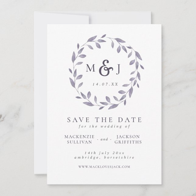 Leafy Elegance Blue & White Wreath Monogram Save The Date (Front)