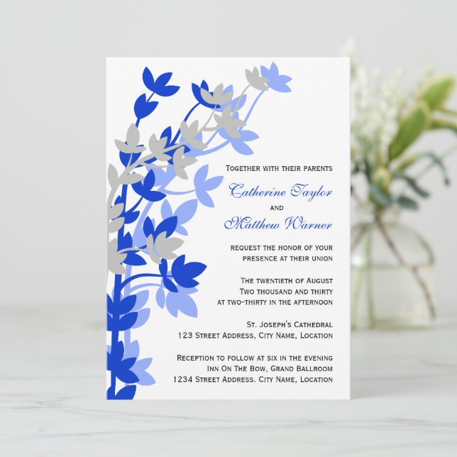 Leafy Elegance In Blue Silver Wedding Invitation (Standing Front)
