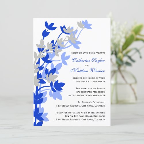 Leafy Elegance In Blue Silver Wedding Invitation