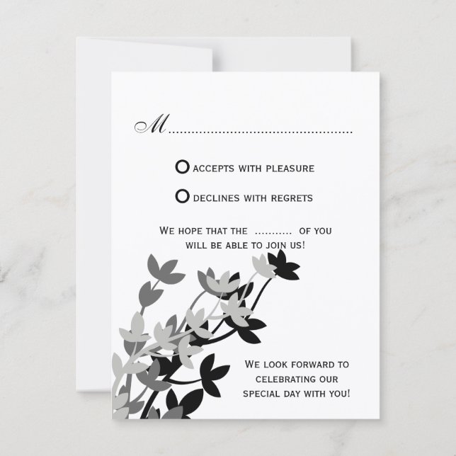 Leafy Elegance In Silver Black RSVP Cards (Back)