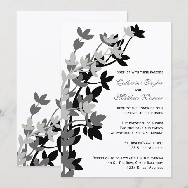Leafy Elegance In Silver Black Wedding Invitation (Front/Back)