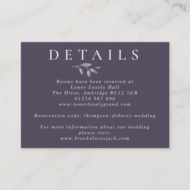 Leafy Elegance Watercolor Navy Wedding Details Enclosure Card (Front)