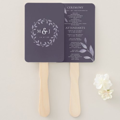 Leafy Elegance Wreath Monogram Blue Wedding Hand Fan