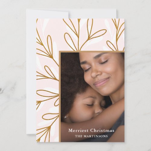 Leafy Faux Gold Frame Blush Photo Christmas Holiday Card