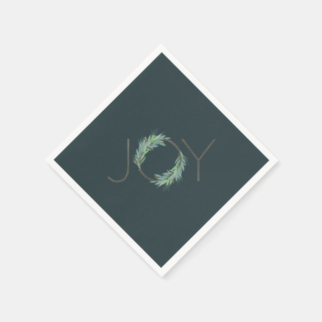 Leafy faux-Gold Joy wreath Christmas/holiday Napkins (Corner)