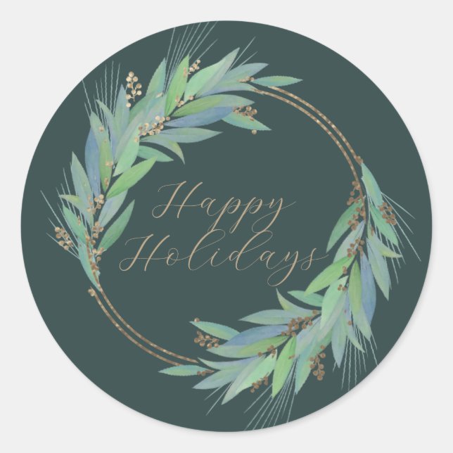Leafy Faux-Gold wreath custom Christmas/holiday Classic Round Sticker (Front)