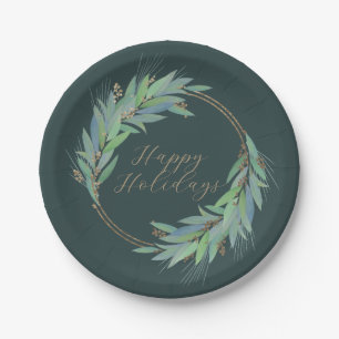 Leafy Faux-Gold wreath custom Christmas/holiday Paper Plates