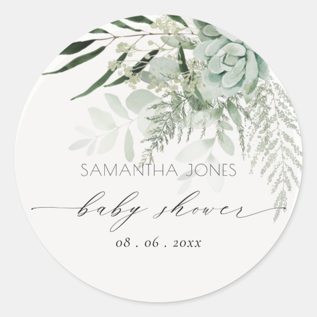 Leafy Fern Succulent Frame Foliage Baby Shower Classic Round Sticker (Front)