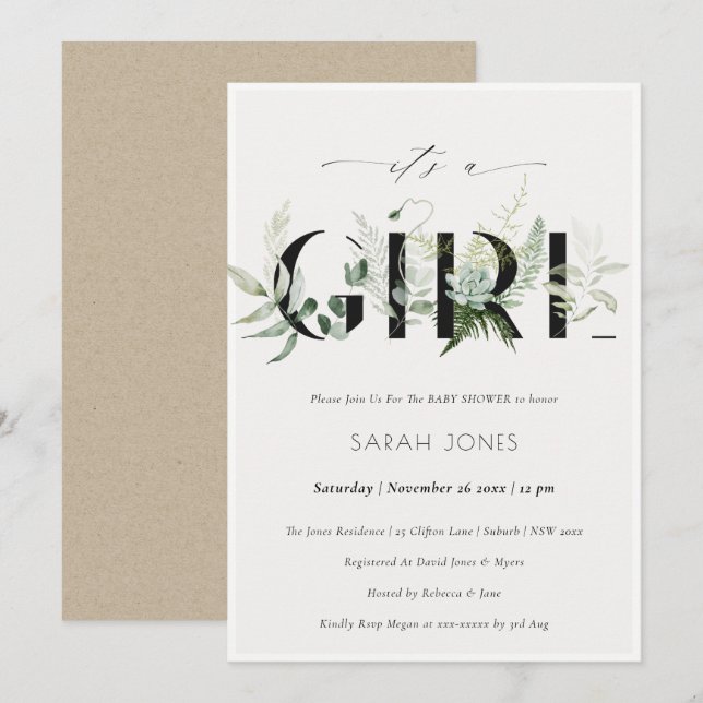Leafy Fern Succulent Its a Girl Baby Shower Invite (Front/Back)