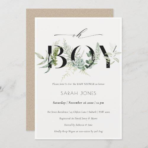 Leafy Fern Succulent Oh Boy Baby Shower Invite