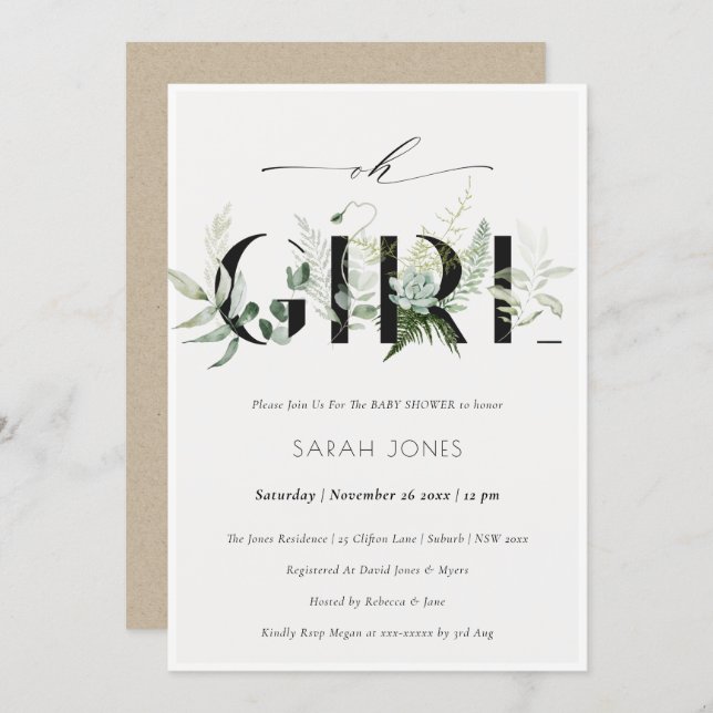 Leafy Fern Succulent Oh Girl Baby Shower Invite (Front/Back)
