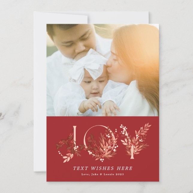 Leafy Floral Christmas Traditional Red Photo JOY Holiday Card (Front)
