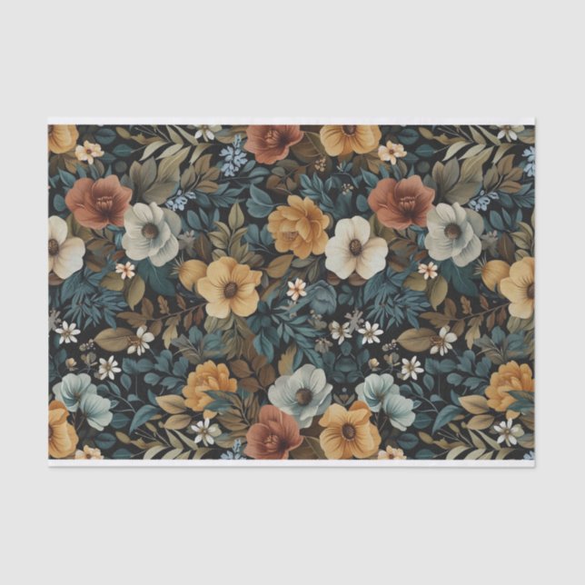 Leafy Floral Illustrations on Dark Background Tissue Paper (Front)