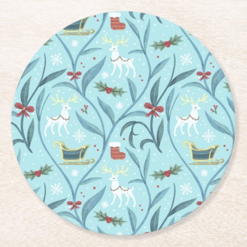 Leafy Floral Reindeer Christmas Pattern Round Paper Coaster