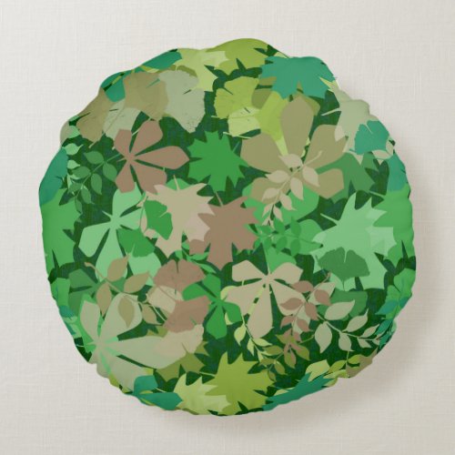 Leafy Forest Floor in Green and Chartreuse Round Pillow