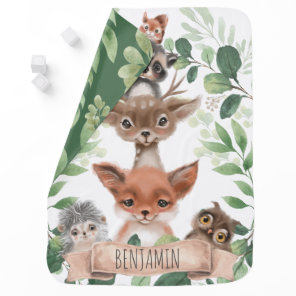 Leafy Forest Woodland Animals Boy Nursery Monogram Baby Blanket