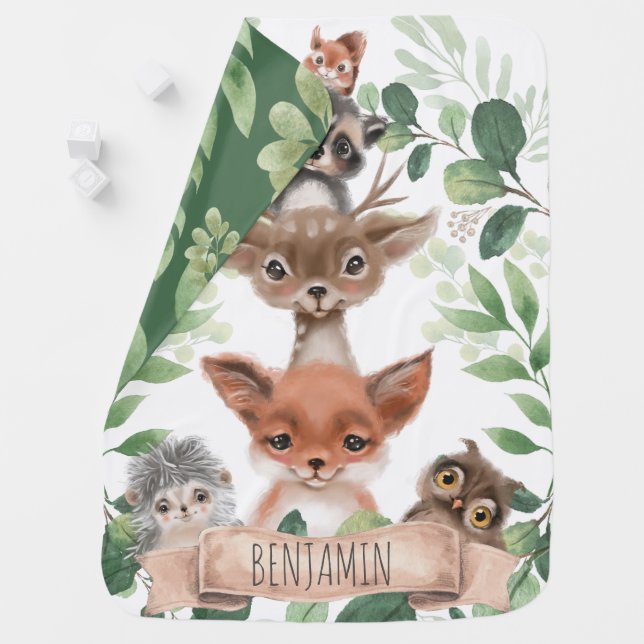 Leafy Forest Woodland Animals Boy Nursery Monogram Baby Blanket (In Situ)