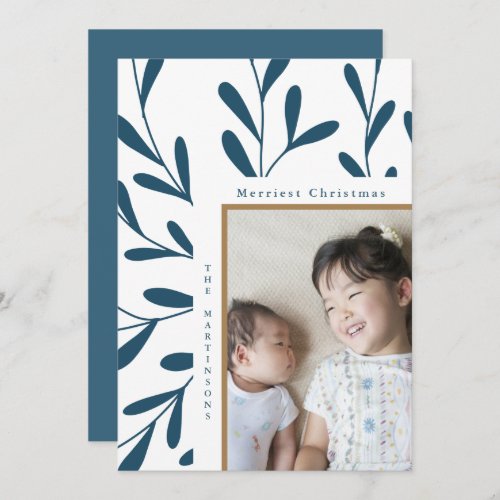 Leafy Frame Blue and White Photo Christmas Holiday Card