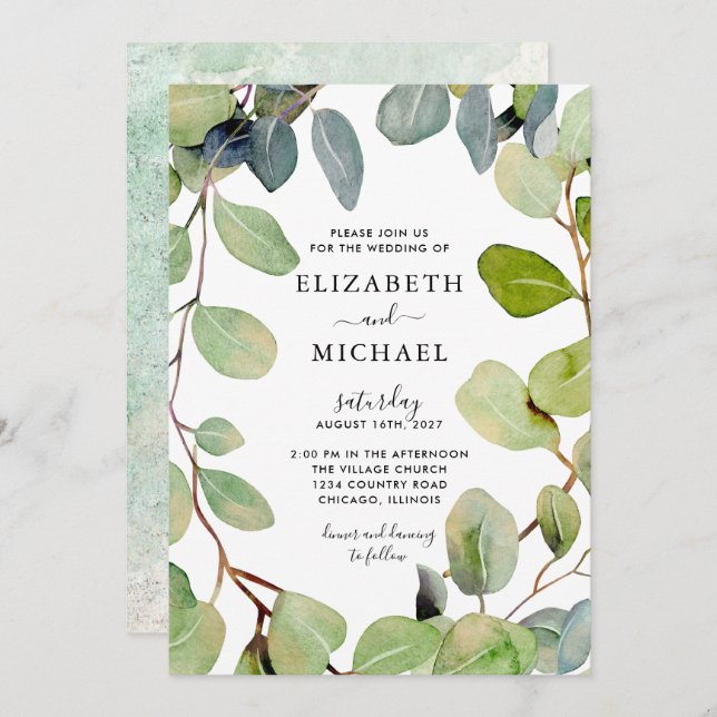 Leafy Frame Eucalyptus Greenery Wedding Invitation (Front/Back)