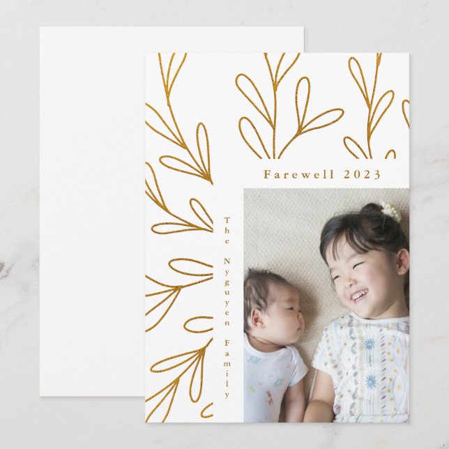 Leafy Frame Faux Gold Photo Farewell 2023 Holiday Card (Front/Back)