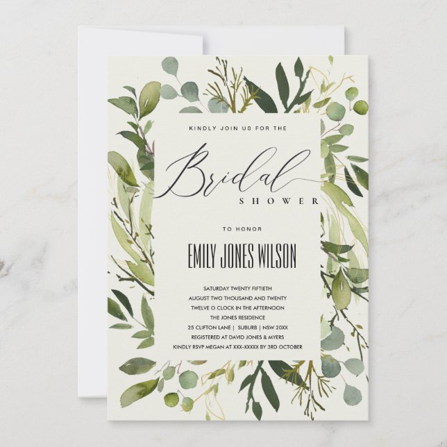 LEAFY FRAME GREEN FOLIAGE WATERCOLOR BRIDAL SHOWER INVITATION (Front)