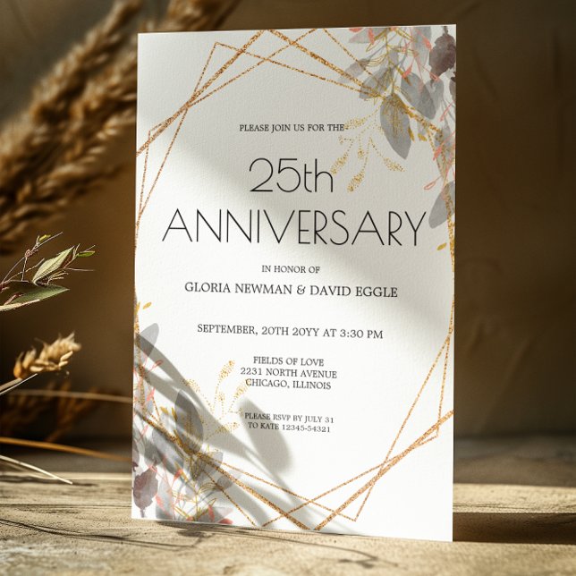 Leafy Gold Geometric 25th Wedding Anniversary  Invitation (Creator Uploaded)