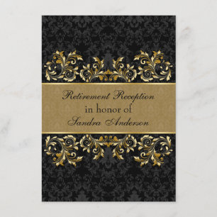 Leafy golden swirls, black damask Retirement Invitation